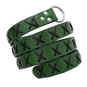 Green Leather Ring Belt with Black Lacing