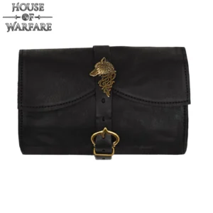 Black Leather Belt Pouch with Brass Wolf
